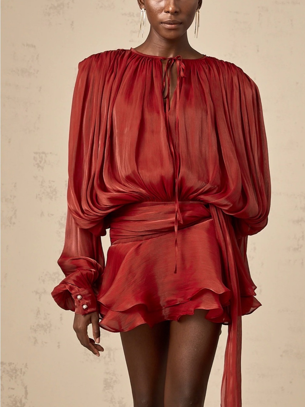 Red Satin Ruched Long Sleeve Mini Dress
